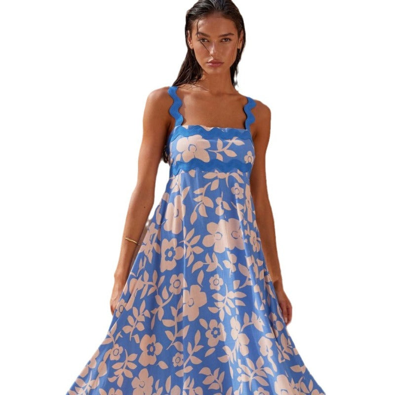 Women's Bohemian Retro Printed Maxi Dress, Sleeveless Square