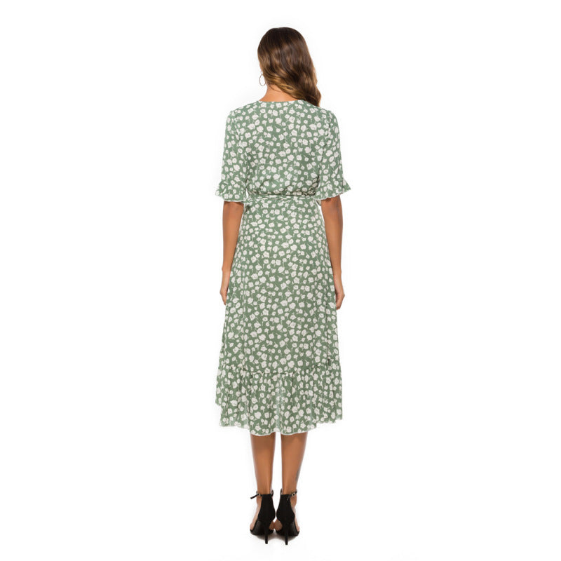 Women's Summer Chiffon Floral Print Ruffled Short Sleeve Swing Slit Midi Dress