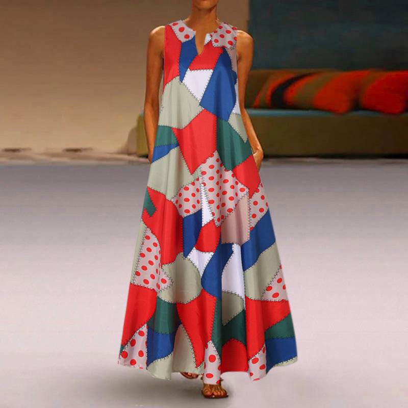 Women's Boho V-Neck Sleeveless Retro Print Color Block Stitching Maxi Dress