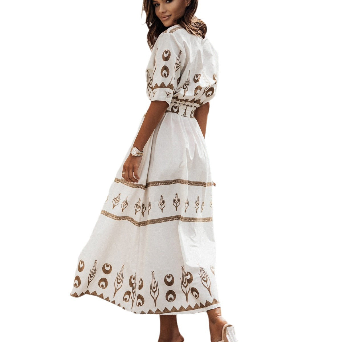 Women's Printed Short Sleeve Single-Breasted Casual Midi Dress