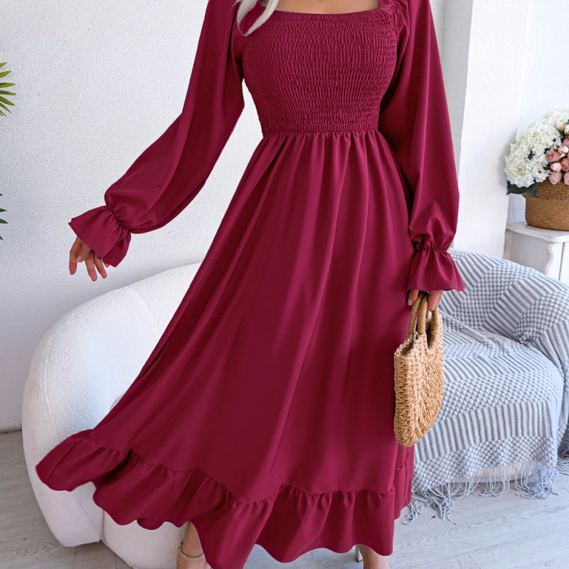 Women's Casual Square Collar Ruffled Maxi Dress