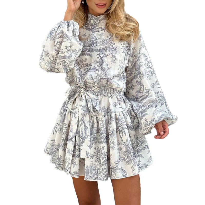 Women's Elegant Print A-Line Long Sleeve Dress