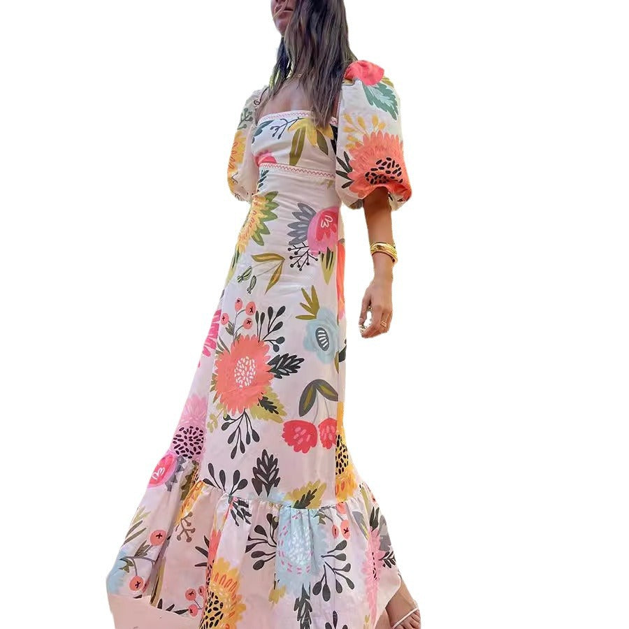Women's Casual Square Collar Floral Print Maxi Dress