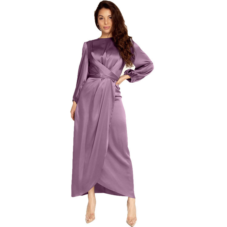 Women's Elegant Basic Long Sleeves Solid Color Satin Maxi Dress