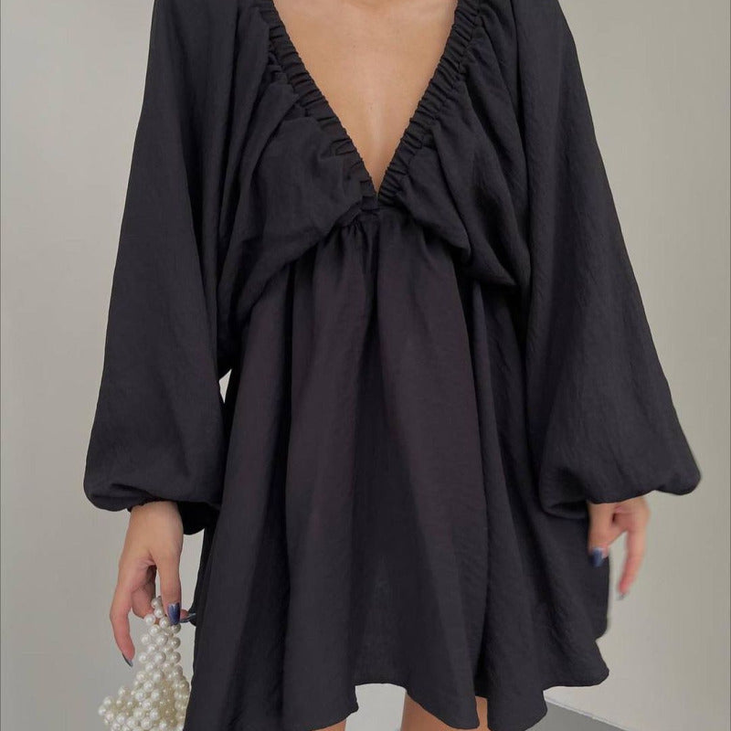 Women's Casual Solid Color V-Neck Long Sleeve Puff Sleeve Dress