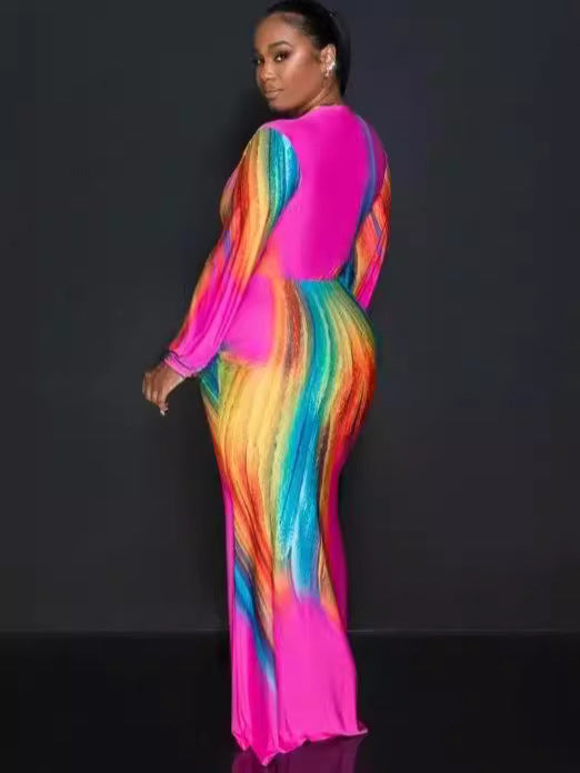 Women's Sexy Colorful Tie-Dye Print Long Sleeve Maxi Dress