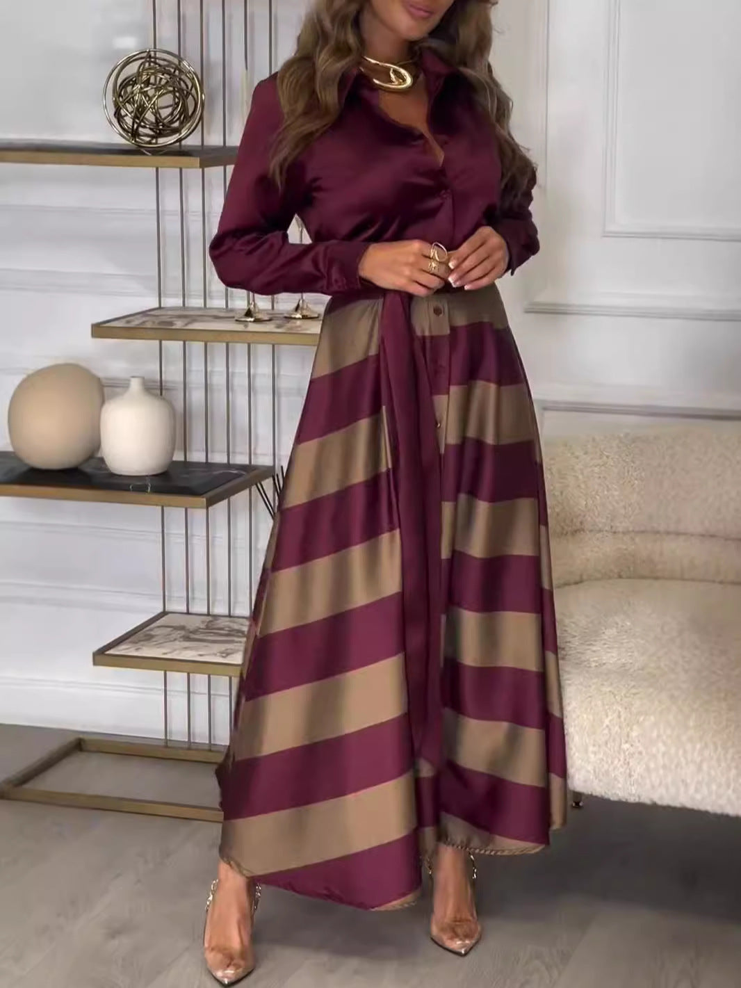 Women's Elegant Lace-Up Stripe Print Long Sleeve Dress