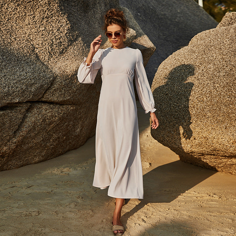Women's Solid Color Round Neck Long Sleeve Defined Waist Chiffon Maxi Dress