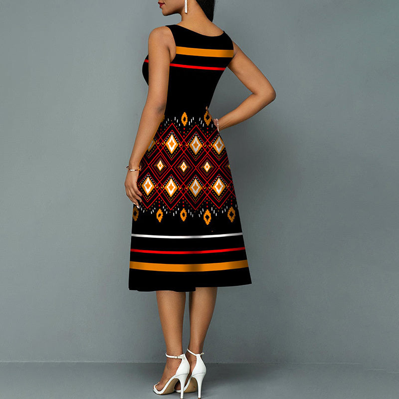 Women's Round Neck Short Sleeves Stripe Color Blocking Summer Swing Dress