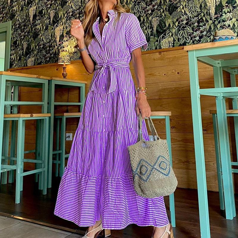 Women's Casual Classic Stripe Short Sleeve Sash Lapel Maxi Dress