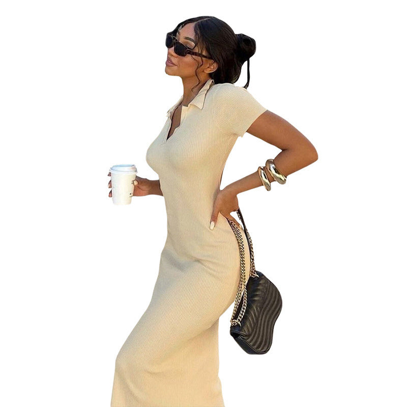 Women's Solid Color Knitted V-Neck Backless Short Sleeve Side-Slit Maxi Dress