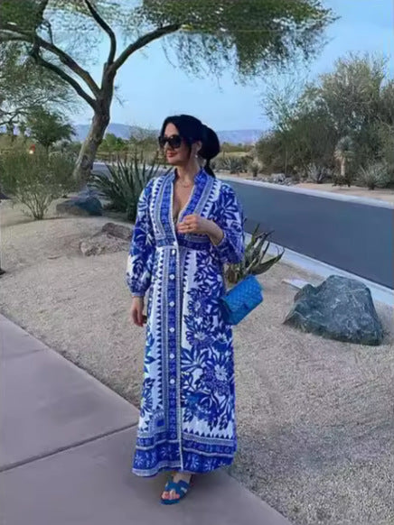 Women's Summer Casual Graphic Printing Long Sleeve Maxi Dress