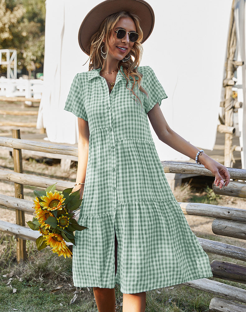 Women's Casual Plaid Single Breasted Lapel Short Sleeve Midi Dress