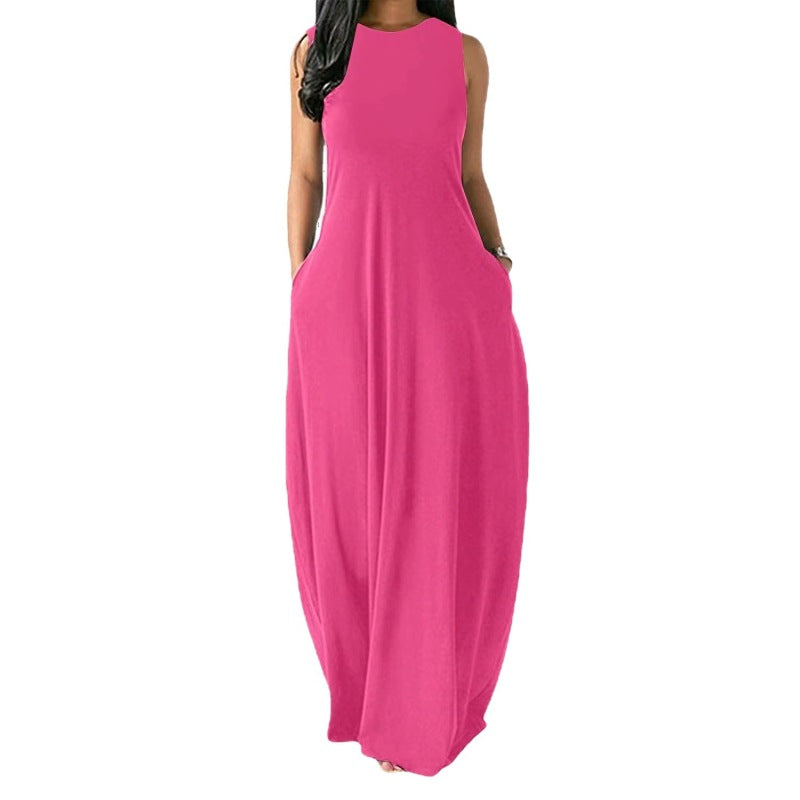 Women's Summer Casual Solid Color Round Neck Vest Pocket Maxi Dress