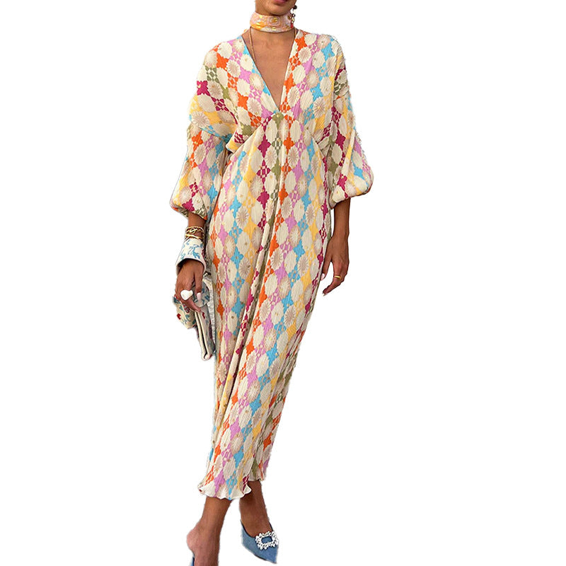 Women's Summer Elegant Geometry Print V-Neck Lantern Half-Sleeve Maxi Dress