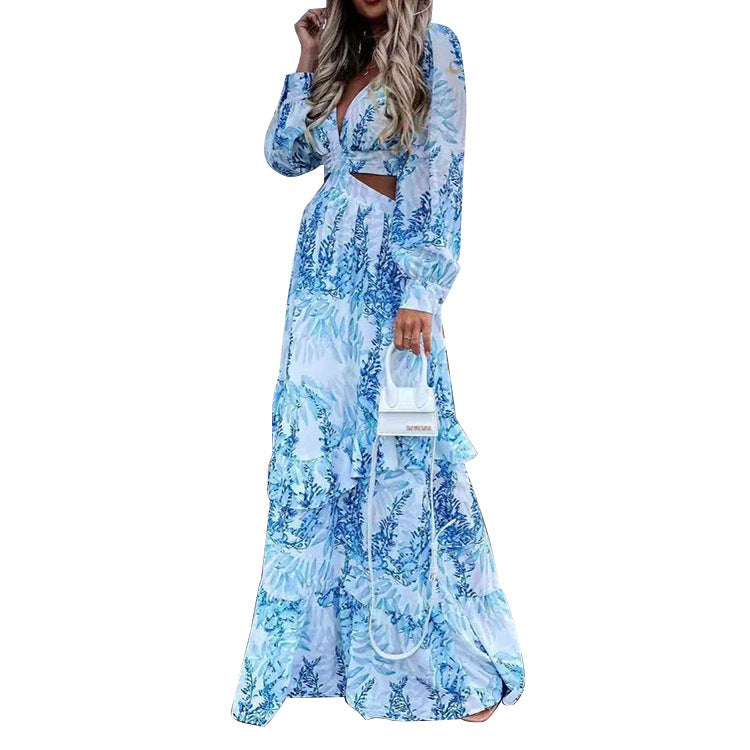 Women's Vacation Bohemian V-Neck Long Sleeve Ruffled All Over Print Tiered Dress