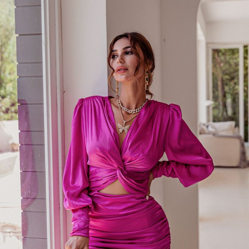 Women's Elegant Solid Satin Long Sleeve Knotted Cut Out Sweet Dating Dress