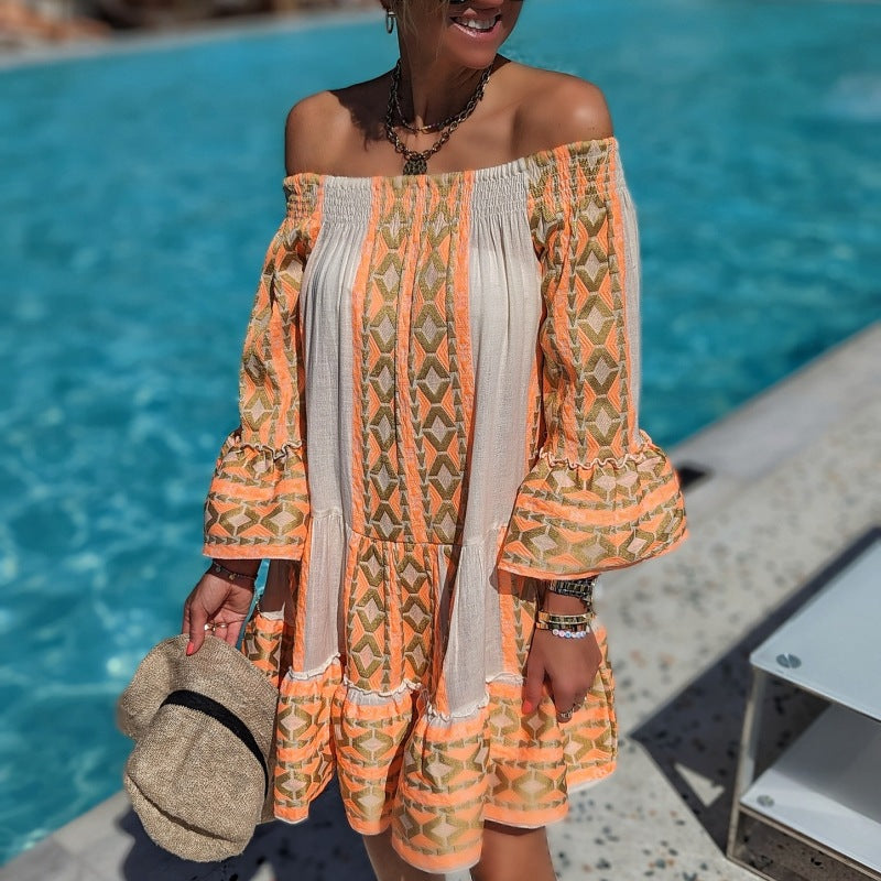 Women's Boho Vintage Flare Sleeve Off-Shoulder Casual Loose Vacation Dress