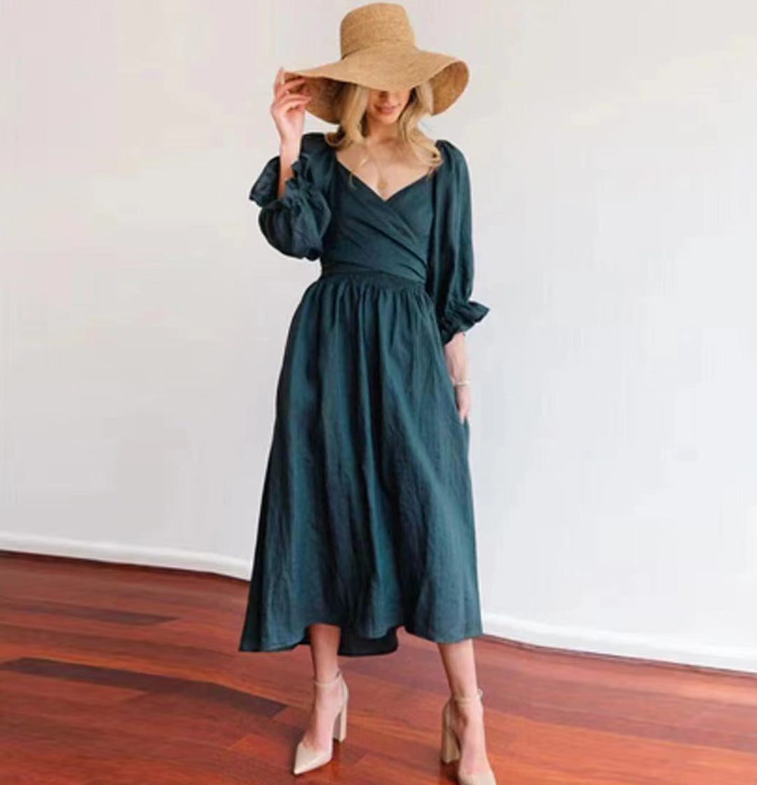 Women's Elegant Solid Color Long Sleeve V-Neck Midi Dress