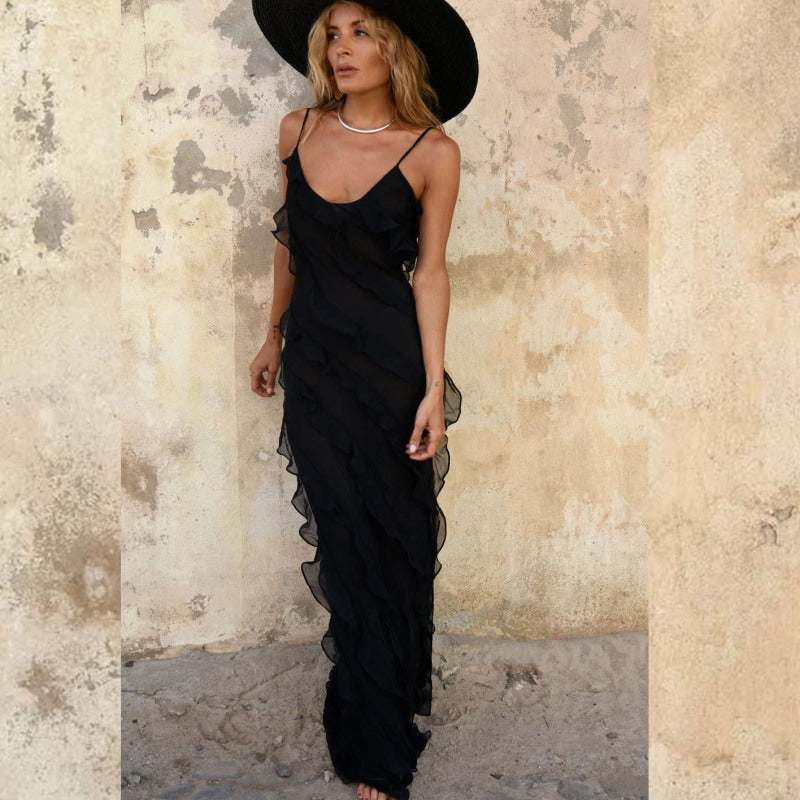 Women's Sexy Solid Color Spaghetti Strap Ruffled Dress