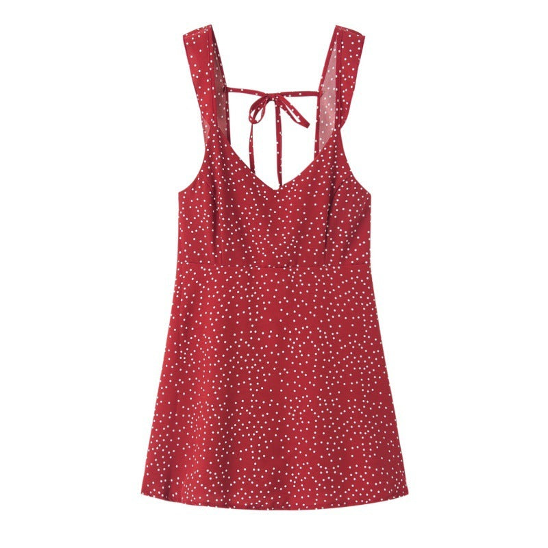 Women's Sexy Vacation Polka Dot Print Spaghetti Strap Backless Dress