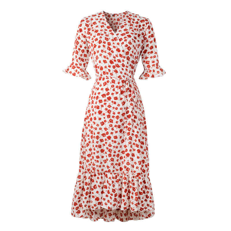 Women's Summer Chiffon Floral Print Ruffled Short Sleeve Swing Slit Midi Dress