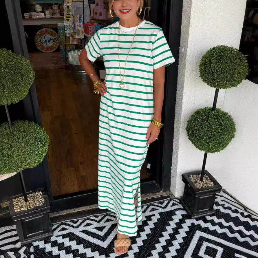 Women's Casual Side Pocket Stripe Round Neck Side-Slit Short Sleeve Maxi Dress