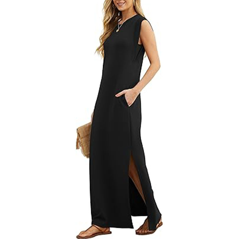 Women's Summer Casual Solid Color Sleeveless Maxi Dress, with Crewneck