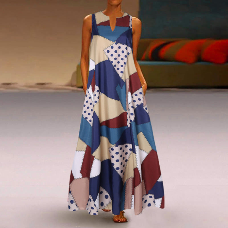 Women's Boho V-Neck Sleeveless Retro Print Color Block Stitching Maxi Dress