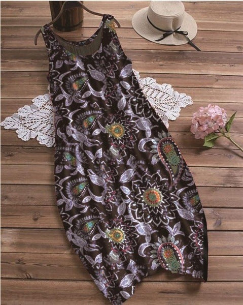 Women's Casual Chiffon Plant Printing Round Neck Sleeveless Dress
