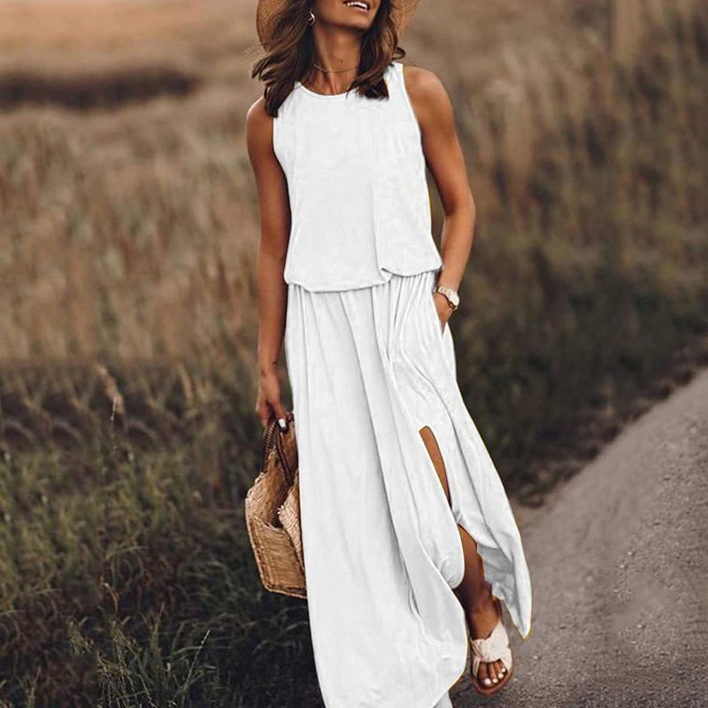 Women's Summer Casual Round Neck Sleeveless Side-Slit Solid Color Long Dress