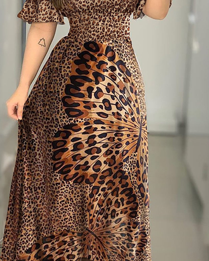 Leopard Butterfly Print Off-Shoulder Maxi Dress