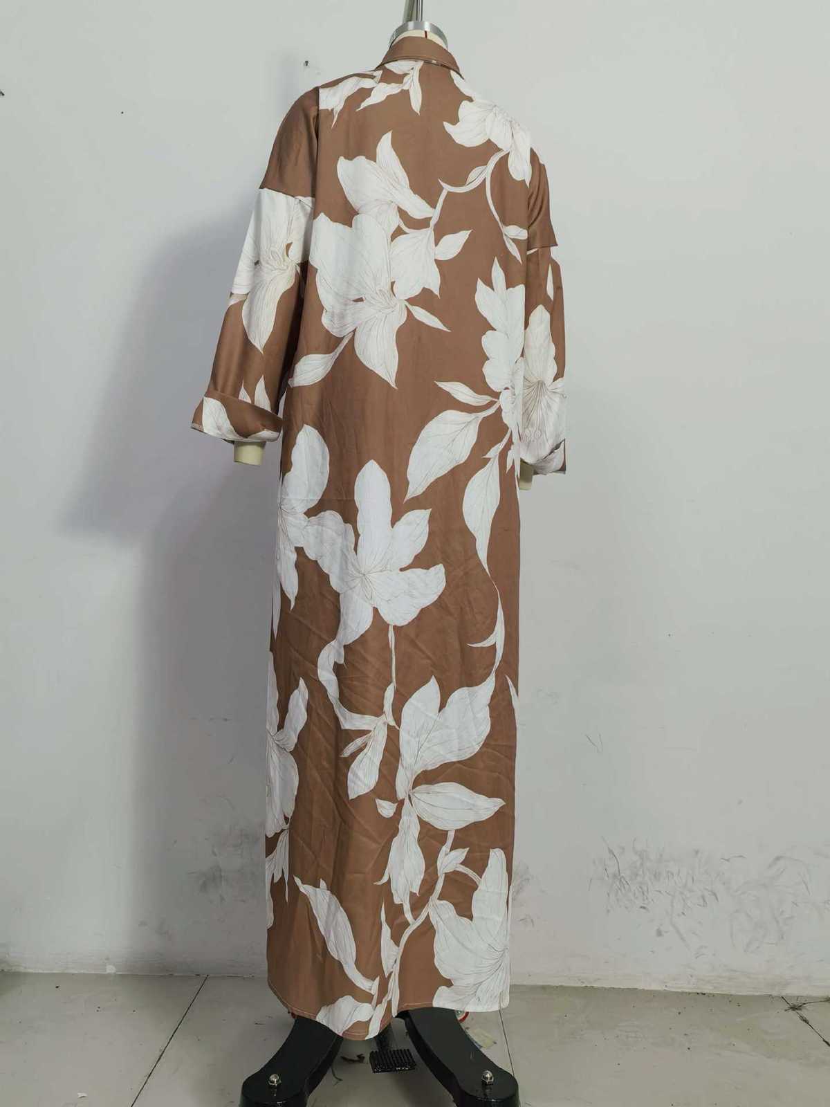 Women's Casual Flower Printed Long Sleeve Split Loose Dress