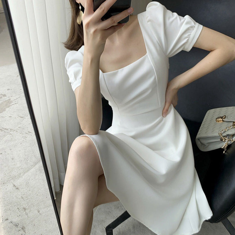 Women's Elegant Black Square Neck Short Sleeve Swing Midi Dress