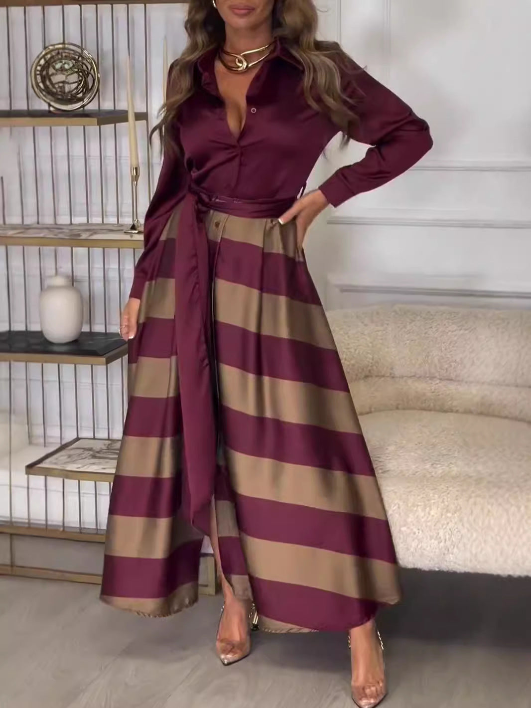 Women's Elegant Lace-Up Stripe Print Long Sleeve Dress