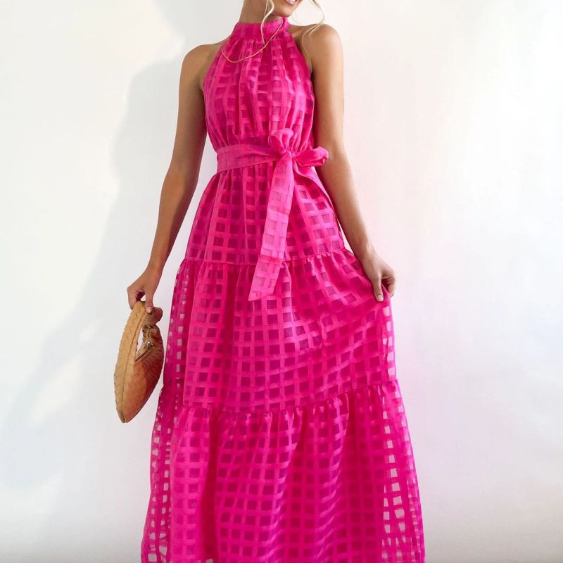Women's Summer Solid Color Sleeveless Mid-Waist Lace-Up Large Swing Maxi Dress