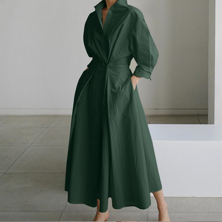 Women's Elegant Solid Color Lapel Long Sleeves Bandage Ruffled Dress