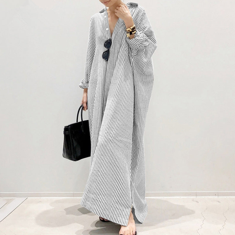 Women's Loose Stripe Print Large Size Maxi Dress, with Raglan