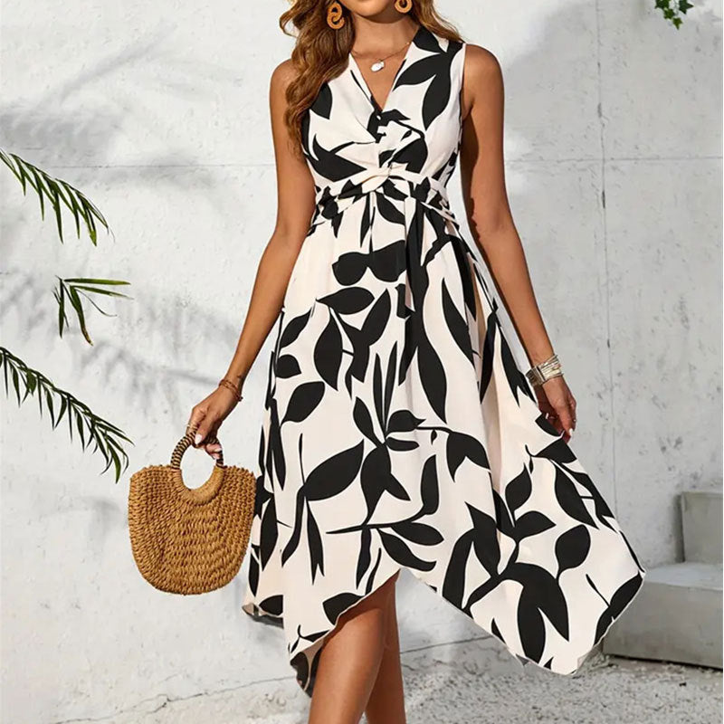 Women's Casual Printed Sleeveless V-Neck Irregular Dress
