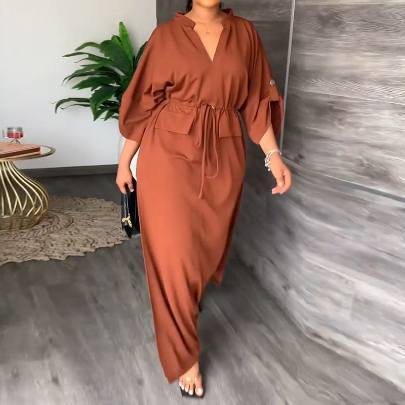 Women's V-Neck Solid Color High Waist Drawstring Split Midi Dress