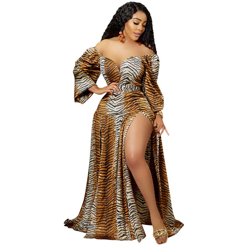 Women's Plus Size Leopard Tiger Printed V-Neck Off Shoulder Irregular Maxi Dress