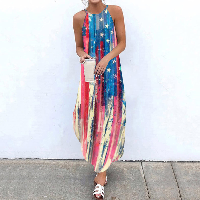 Women's Summer Boho Style Paisley Print Halter Neck Maxi Dress