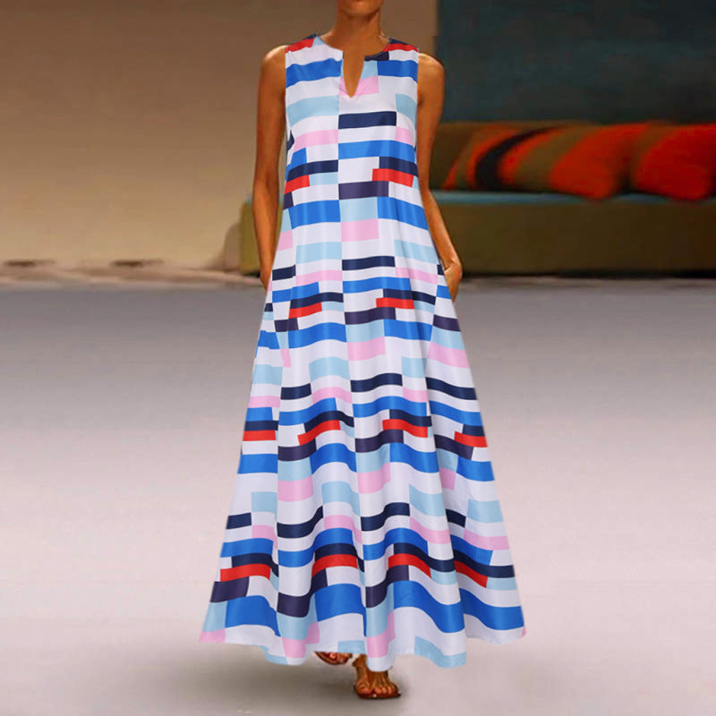 Women's Boho V-Neck Sleeveless Retro Print Color Block Stitching Maxi Dress