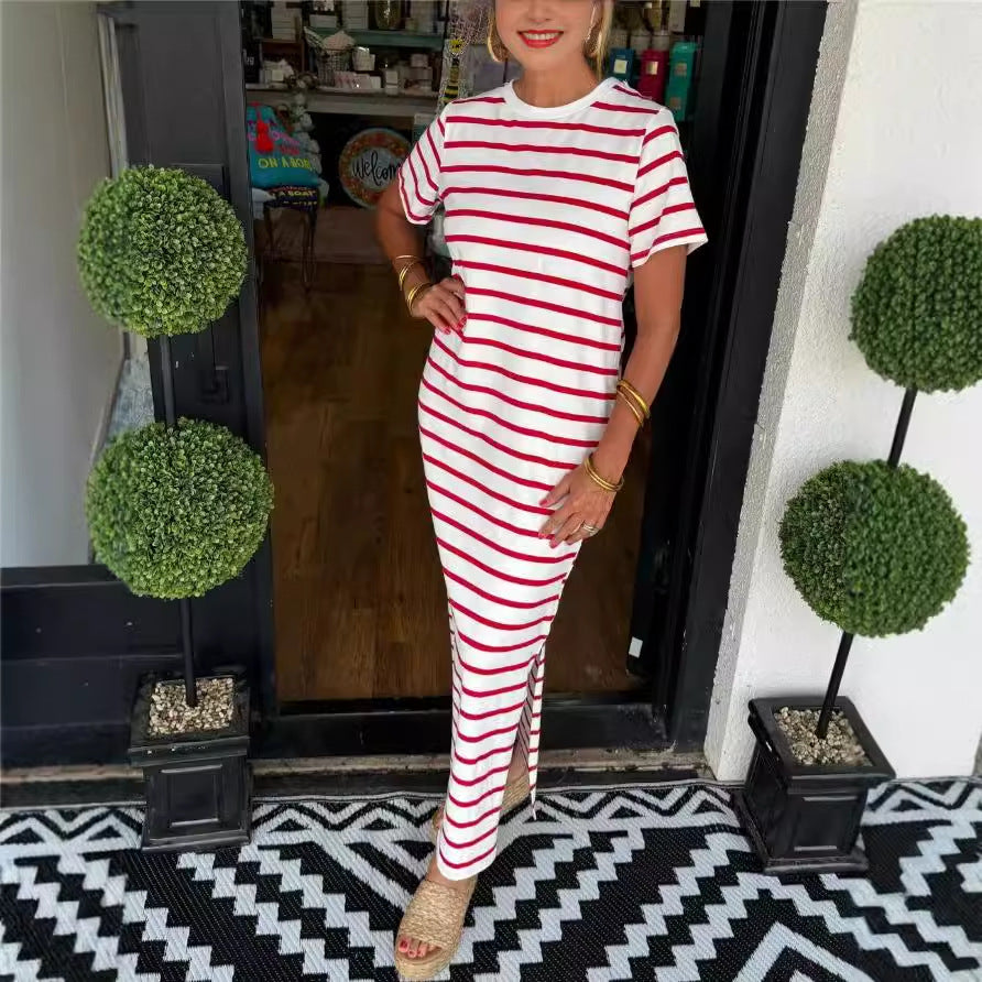 Women's Casual Side Pocket Stripe Round Neck Side-Slit Short Sleeve Maxi Dress