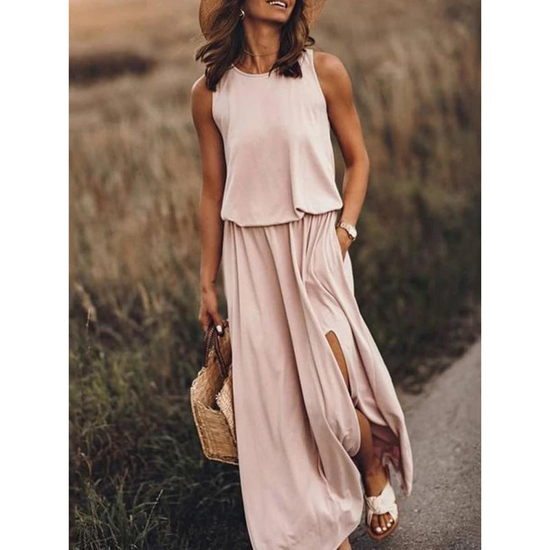 Women's Summer Casual Round Neck Sleeveless Side-Slit Solid Color Long Dress