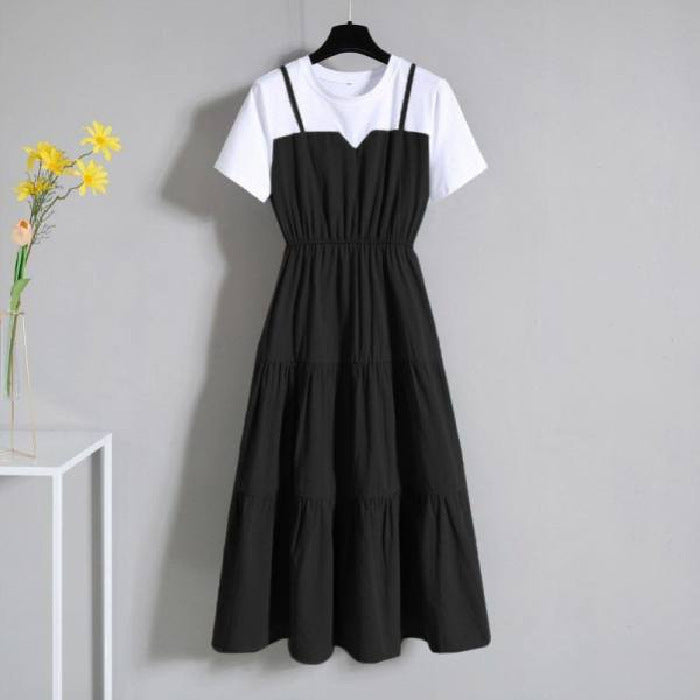 Women's Summer Fake Two-Piece Long Ruffled Short Sleeve Dress