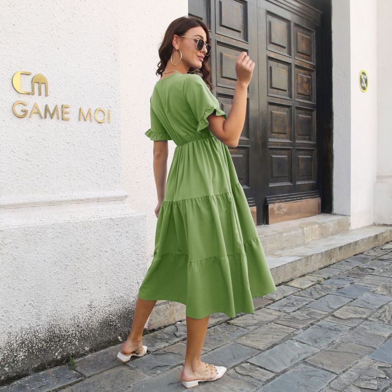 Women's Casual Chiffon V-Neck High Waist Midi Dress
