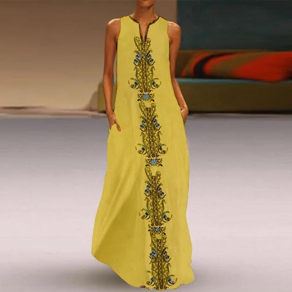 Women's Vintage Boho Print Sleeveless V-Neck Loose Casual Maxi Dress