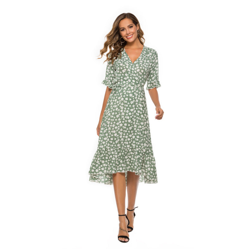 Women's Summer Chiffon Floral Print Ruffled Short Sleeve Swing Slit Midi Dress