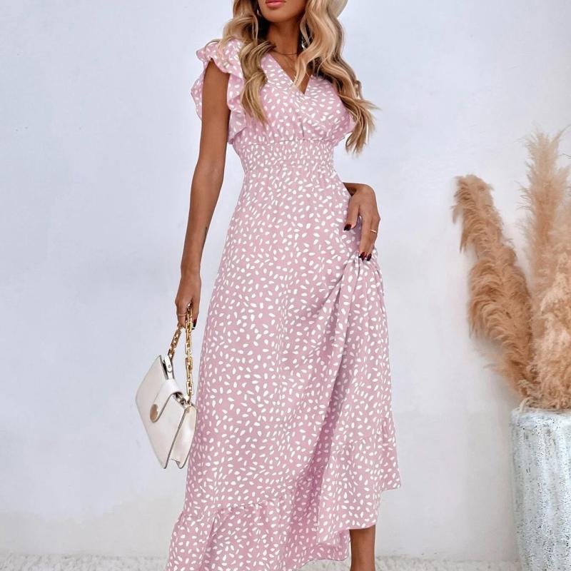 Women's Spring Summer Polka Dot Print V-Neck Defined Waist Ruffled Maxi Dress